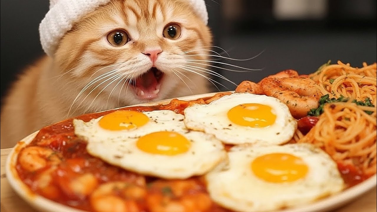 ASMR Lolly Cat Eating Noodles, Eggs, sausages and Prawns | Mukbang 