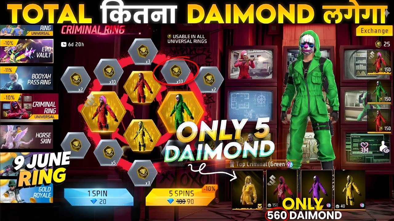 CRIMINAL RING EVENT SPIN TODAY, CRIMINAL BUNDLE RETURN, FREE FIRE NEW EVENT, NEW EVENT FREE FIRE