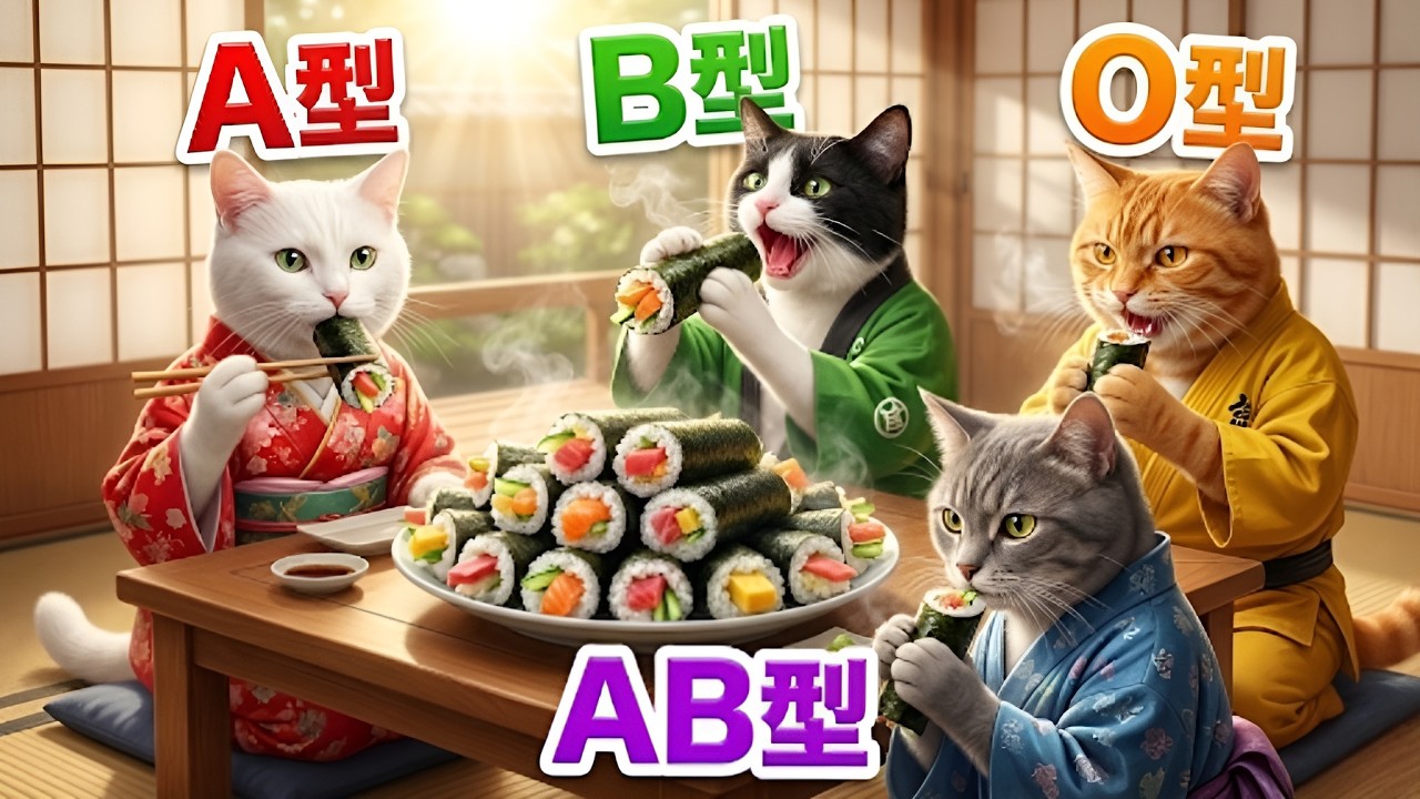 【血液型あるある】猫たちの手巻き寿司パーティー！🍣🐱✨