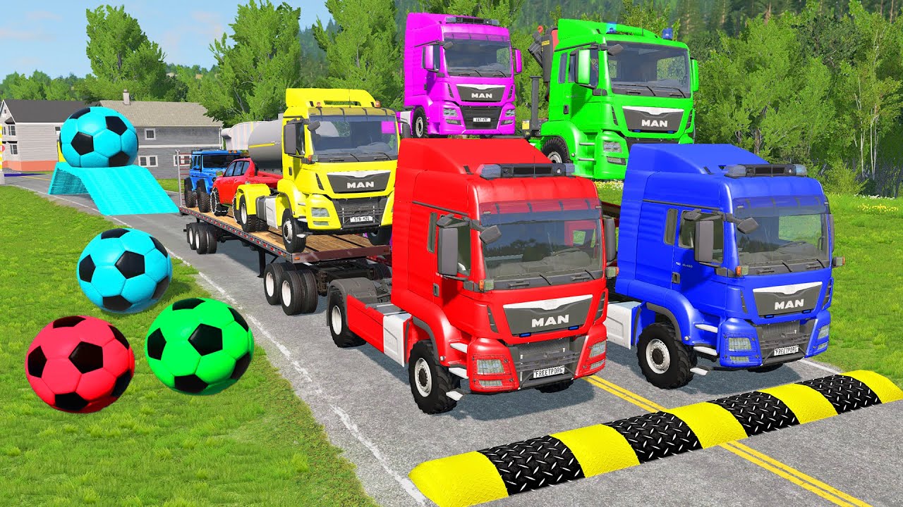 Triple Flatbed Trailer McQueen Transportation with Truck - Speedbumps vs Cars vs Train - BeamNG #31