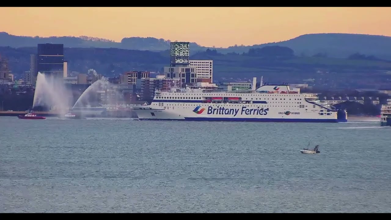 Brittany ferries new Ro-Ro passenger ship Saint-Malo arriving into Portsmouth with water salute