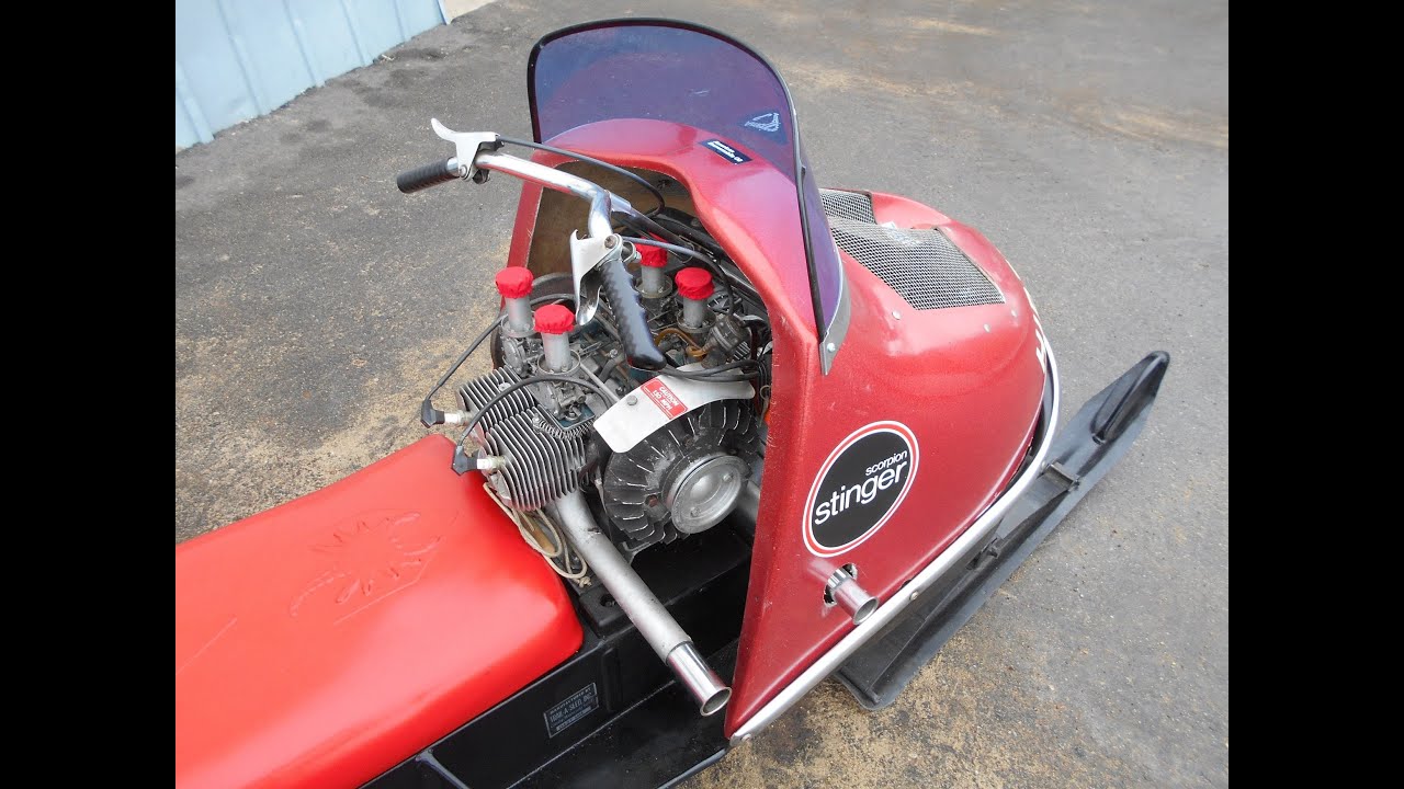 experimental DRONE engine in Scorpion snowmobile   antique   race