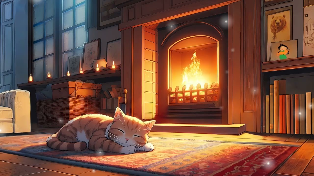 Purring Cat & Cozy Fireplace 🔥 5 Hours of Lofi Sleep, Relax & Study Ambience