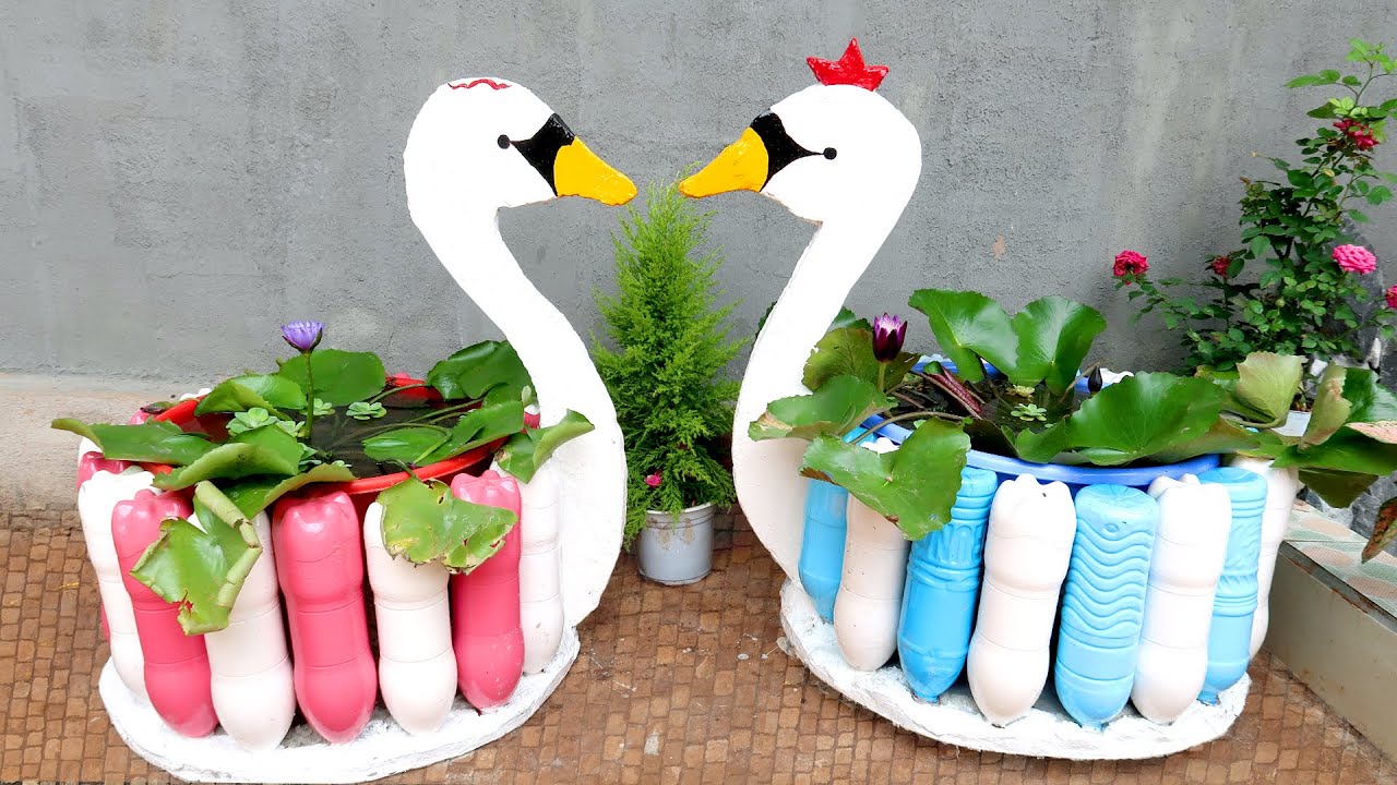Amazing DIY Duck-shaped Flower Pots from Old Plastic Bottles and Concrete