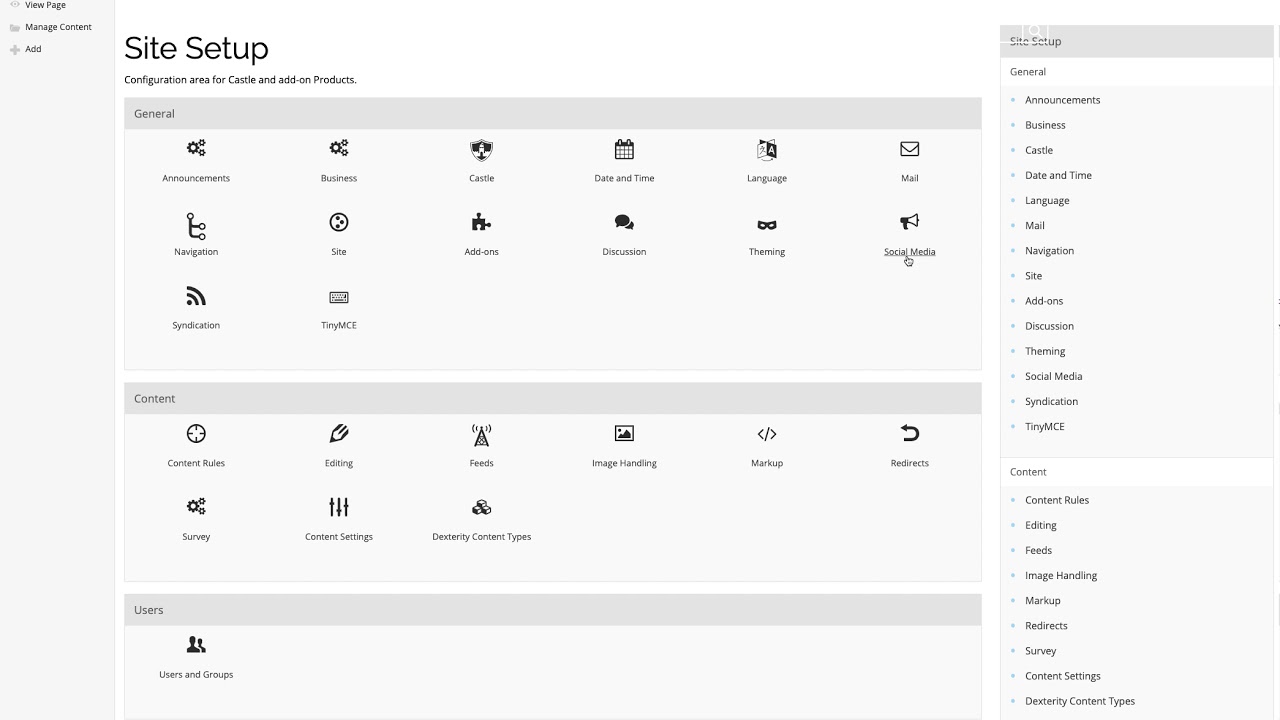 Social Media settings CastleCMS