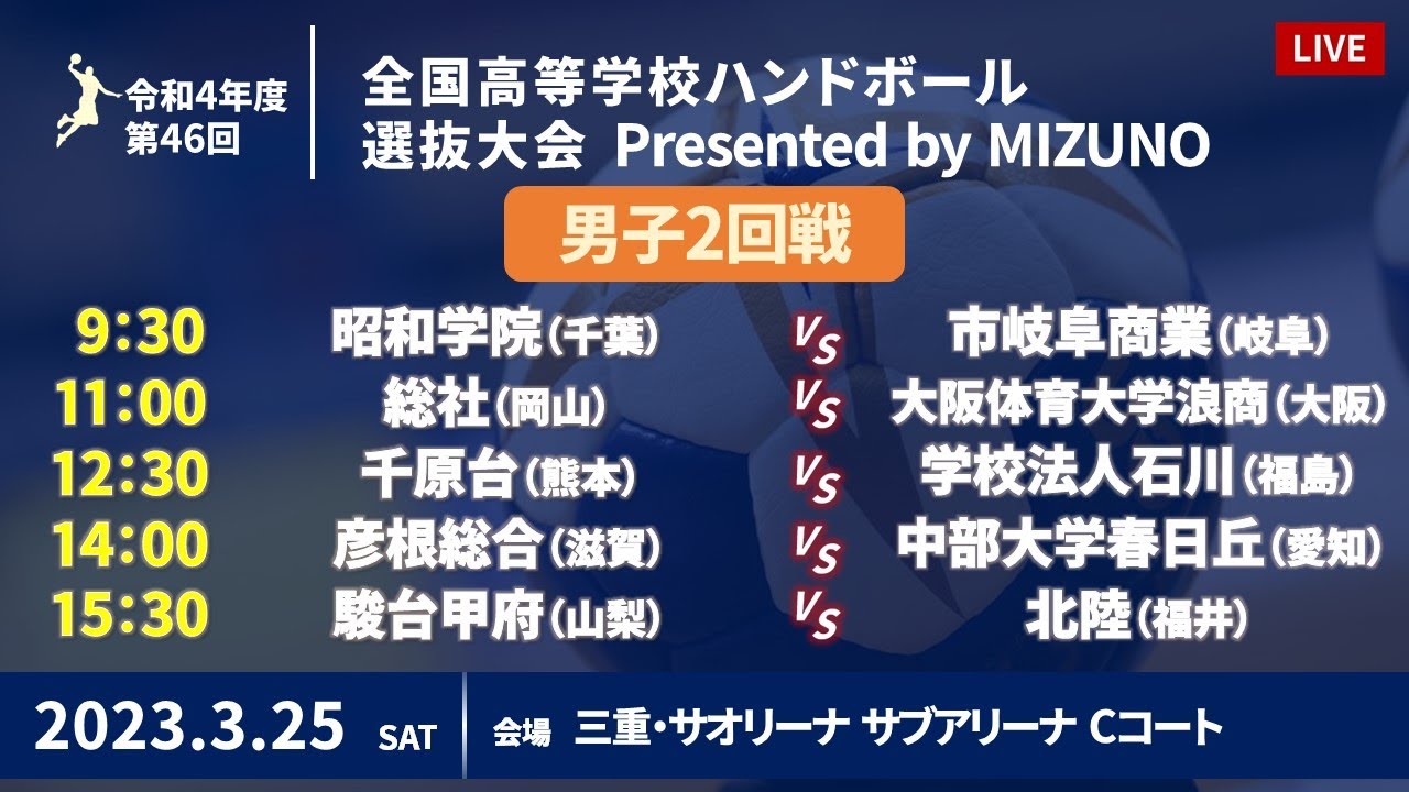 【男子2回戦Cコート】第46回ハンドボール高校選抜 | 2023年3月25日 | サオリーナ | Presented by MIZUNO