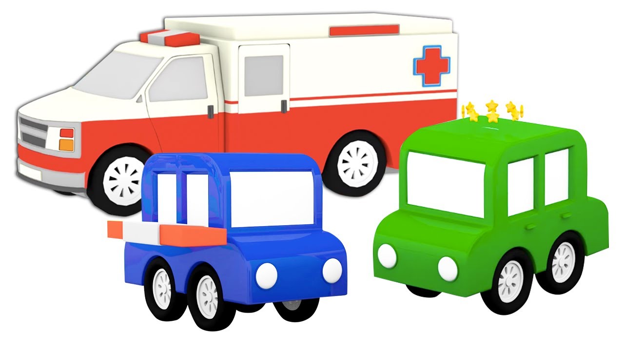 La nueva ambulancia. 4 coches coloreados. Dibujos animados para niños en español