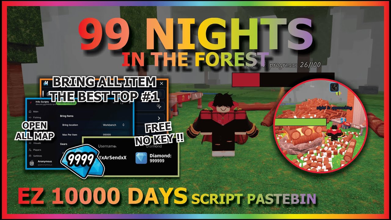 99 NIGHTS IN THE FOREST Script Pastebin 2025 AUTO FARM, AUTO DIAMOND, BRING ITEM, OPEN MAP (NO KEY)🌋