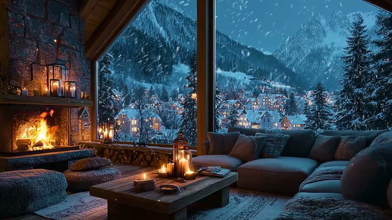 Quiet Winter Cabin Evening with Gentle Snow and Fireplace Sounds for Deep, Calm Sleep
