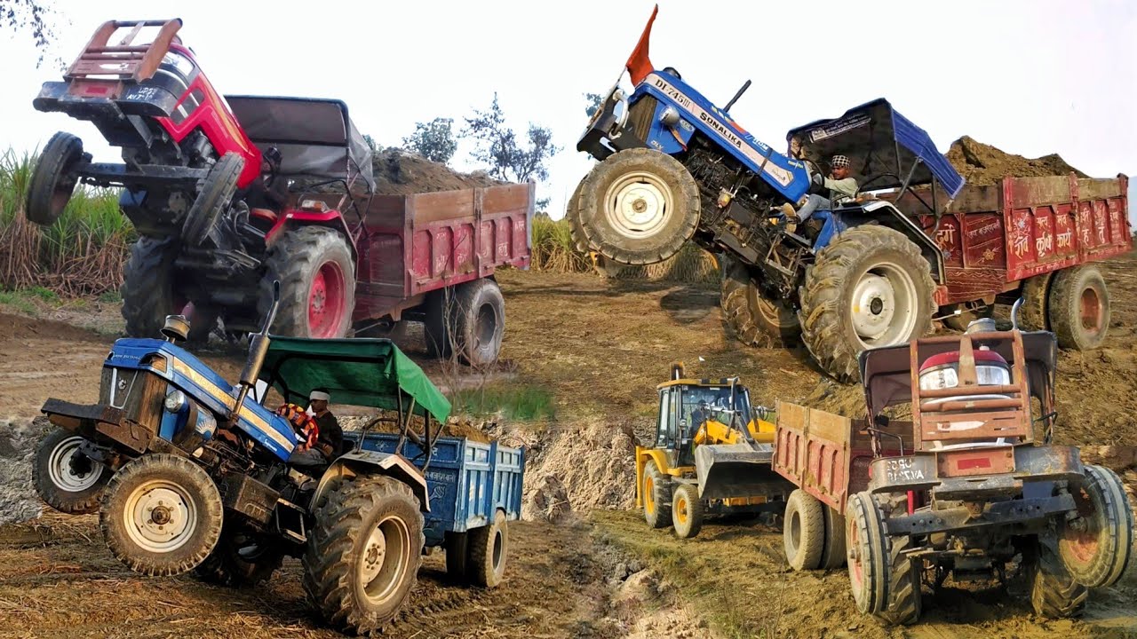 New JCB 3dx Machine loading mud | Sonalika DI 745, Mahindra Arjun 605, Powertrec euro50 and trolley 