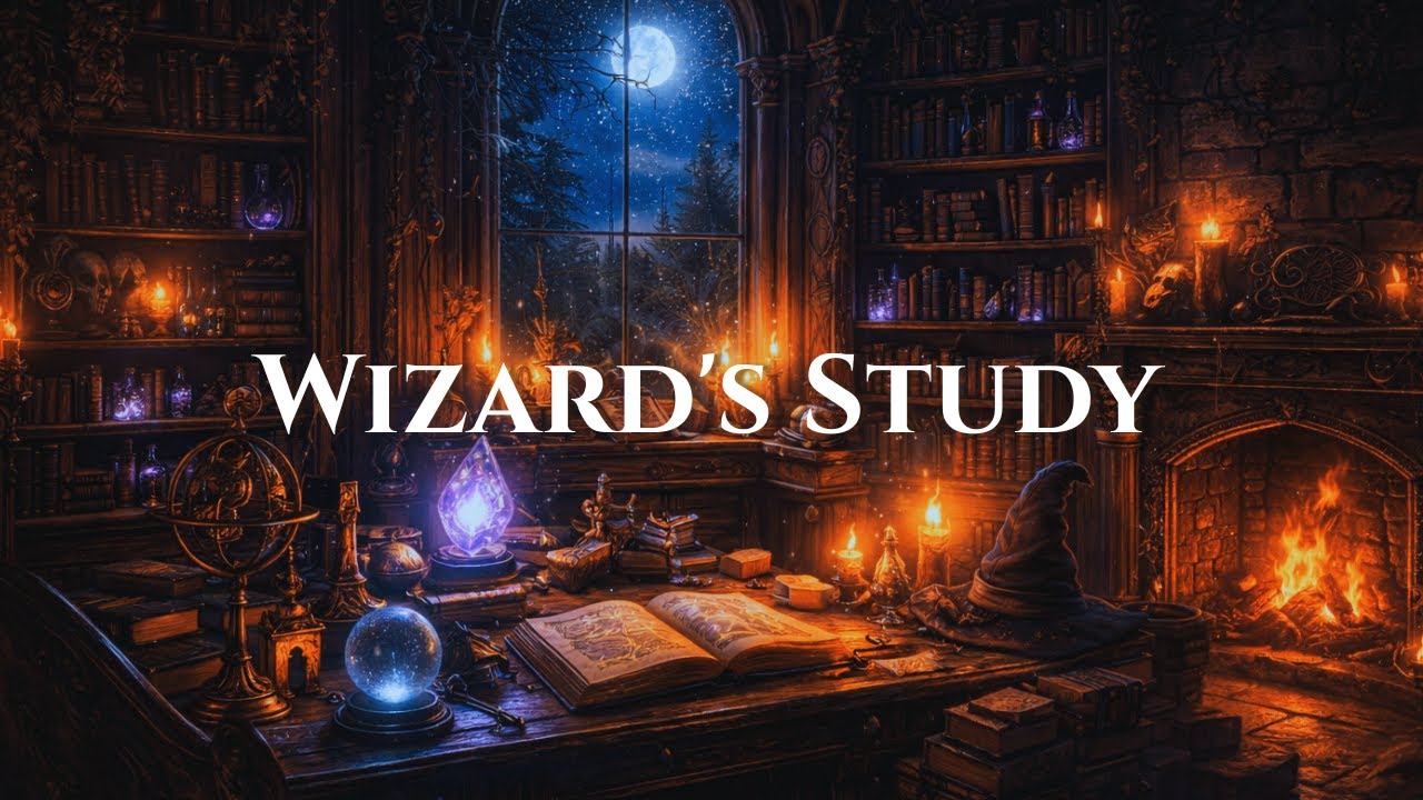 Wizard Study at Night 🔮 Cozy Fantasy Fireplace | Relax • Study • Sleep