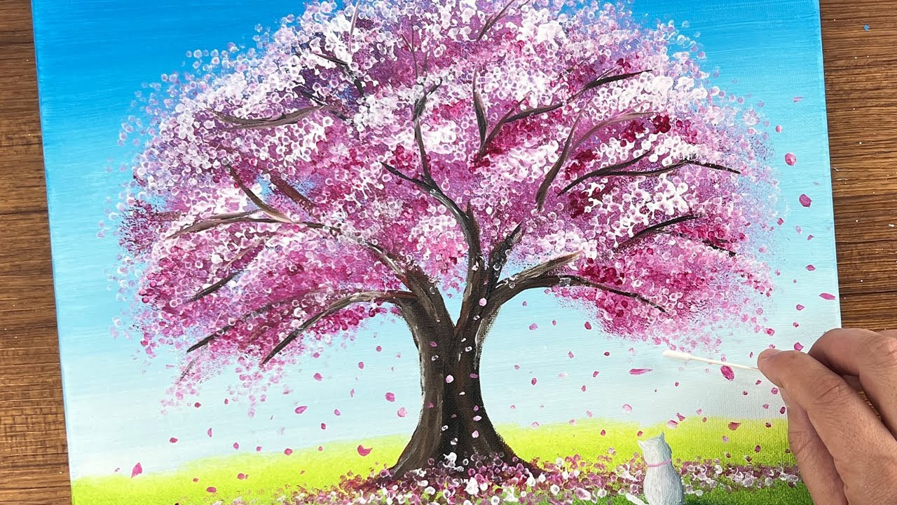 アクリル絵の具で、スポンジと綿棒で描く桜の風景の描き方 | リラックスできるアクリル画 🌸 | ASMR