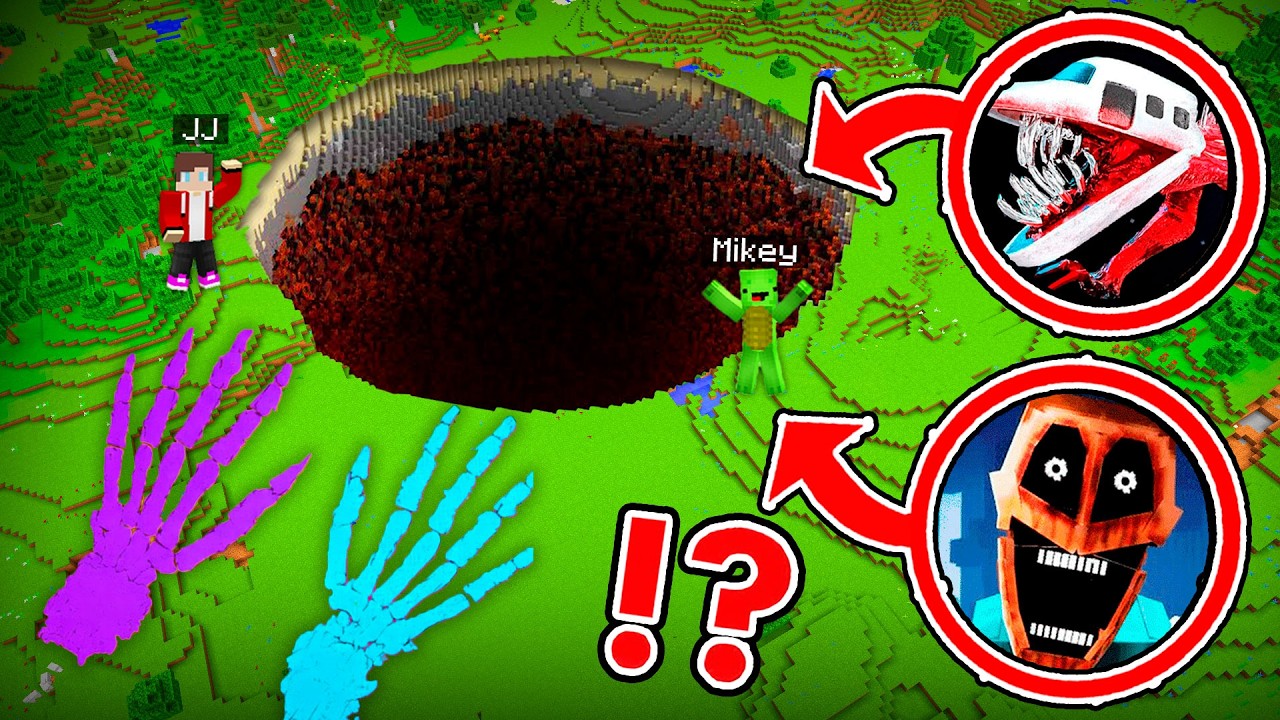 JJ and Mikey Found INFECTED SKY and MIMIC FOOTPRINT with SCARY PIT in Minecraft ?!