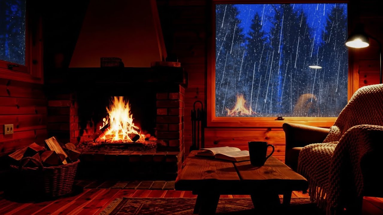 Calming Rain Sounds in The Forest with Cozy Fireplace | Cabin Sleep Night – Cozy Rainfall Night Mood