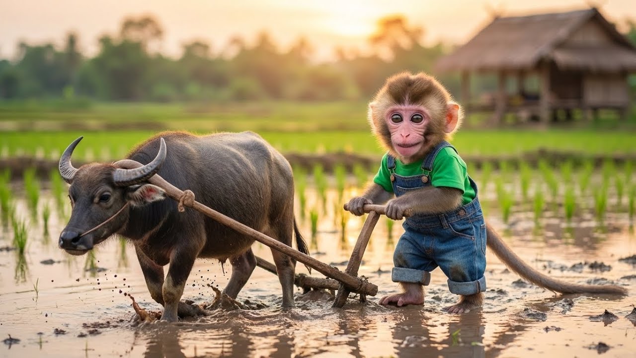 Baby Monkey & His Buffalo Plow the Muddy Field! Farm Teamwork Adventure 🐒🐃🌾
