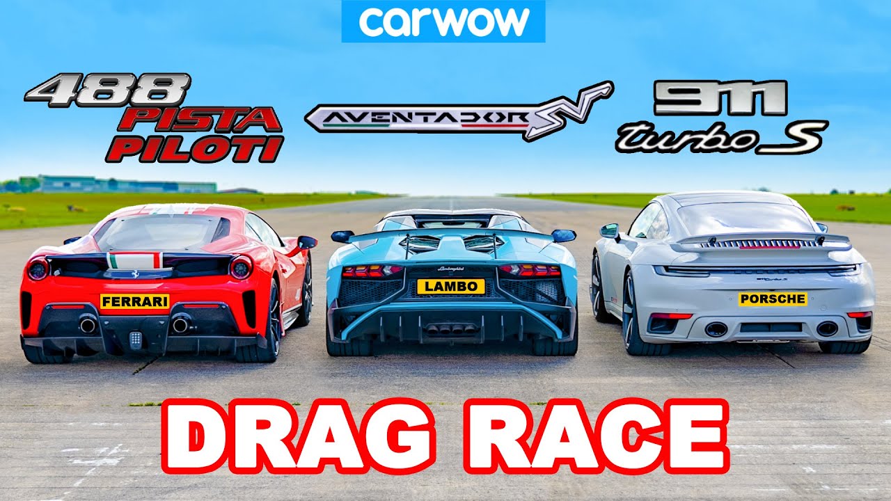 Ferrari 488 Pista Piloti v Aventador SV v 911 Turbo S 800 dk: DRAG RACE