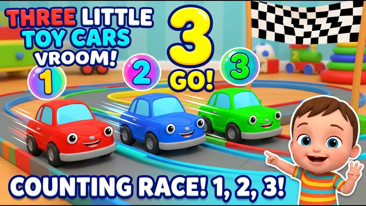 Tres Pequeños Coches de Juguete Vroom Vroom Vroom | Canción de Carreras y Números