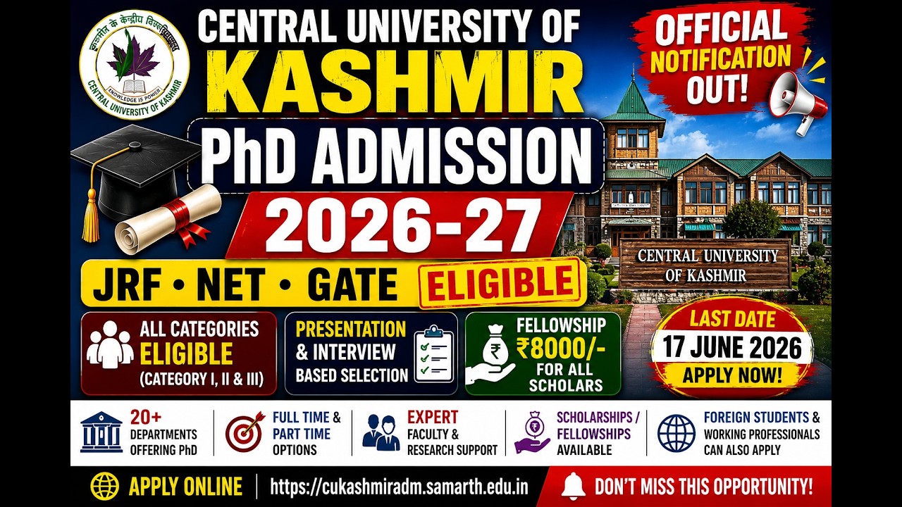 Central University of Kashmir PhD Admission 2026 🔥 NET Qualified Candidates Only? Full Details