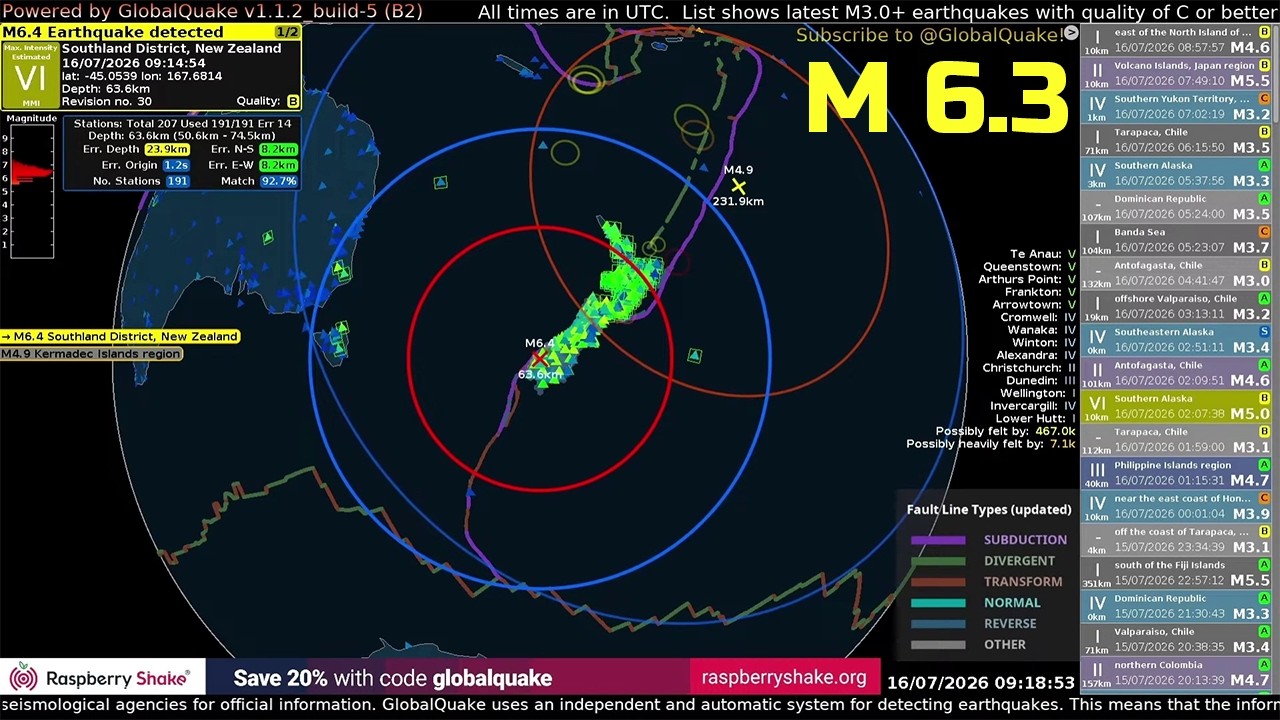 Magnitude 6.3 Earthquake strikes 40 km north of Te Anau | 16. July 2026