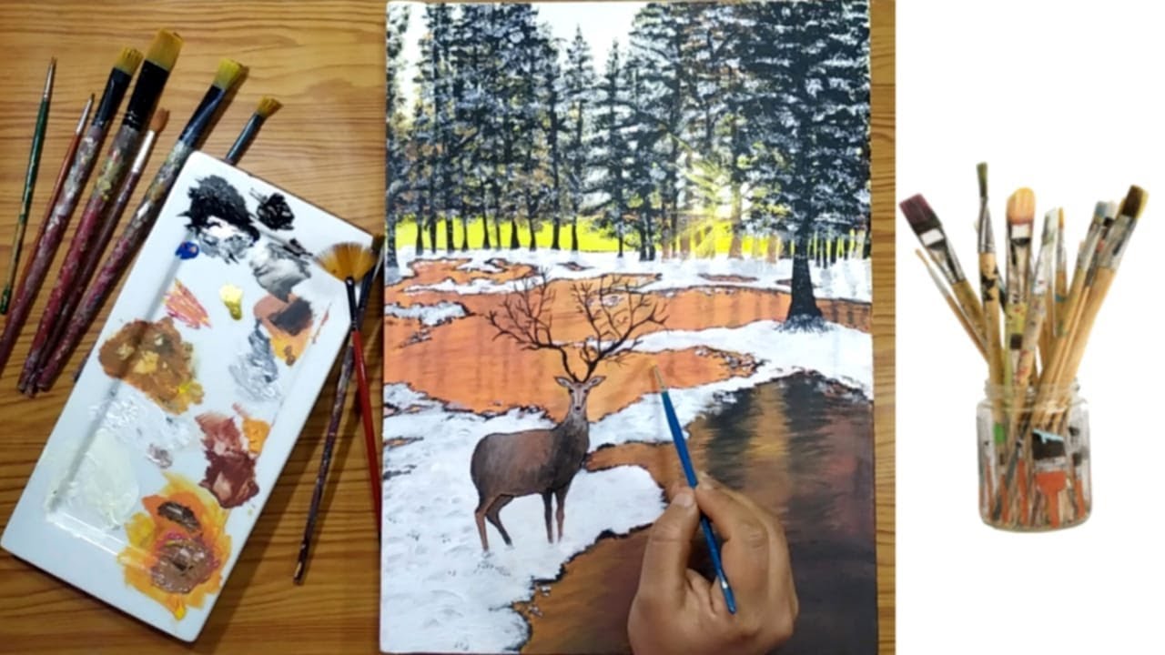 Beautiful Deer in The Snow On A Sunny Morning / Acrylic Painting #74