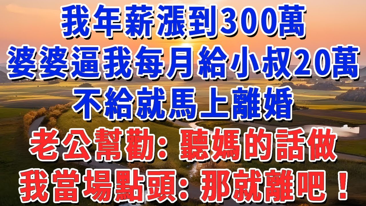 我年薪漲到300萬，婆婆逼我每月給小叔20萬，不給就馬上離婚，老公幫勸：聽媽的話做，我當場點頭：那就離吧！#妮妮故事會 #情感故事 #老年生活