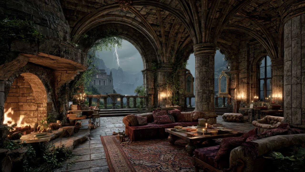 Gothic Castle Storm Ambience | Rain & Distant Thunder Sounds | Reading, Study, Focus & Relaxation