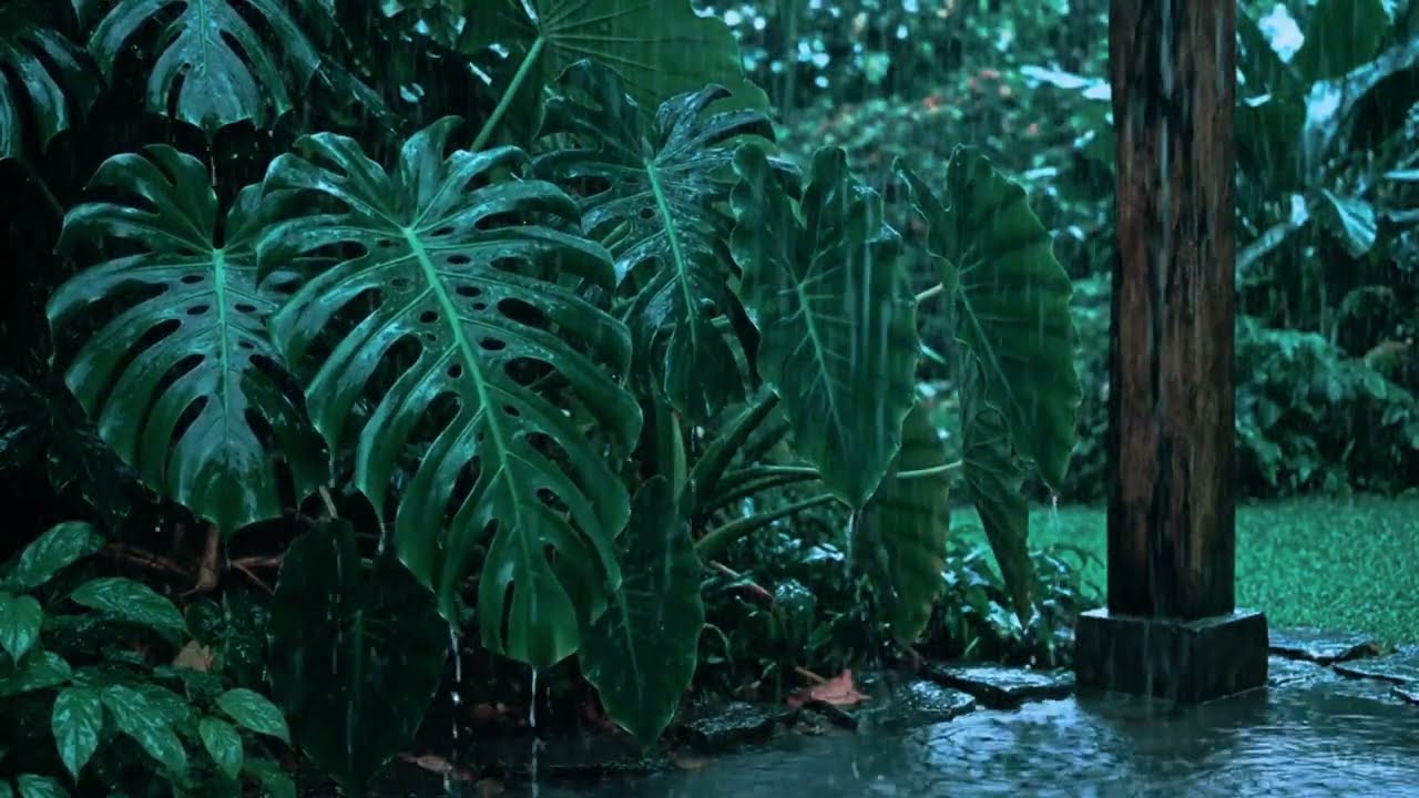 Heavy Rain in Monstera Plant Garden | Rain Sounds for Sleep | regenwald geräusche zum einschlafen