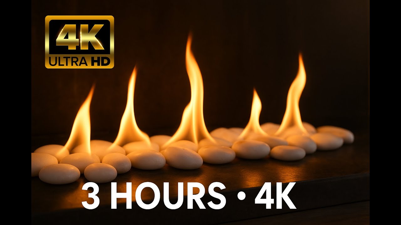 Minimalist Zen Fireplace 4K 3H • White Stones Fire • Ultra Relaxing Modern Flame Ambience