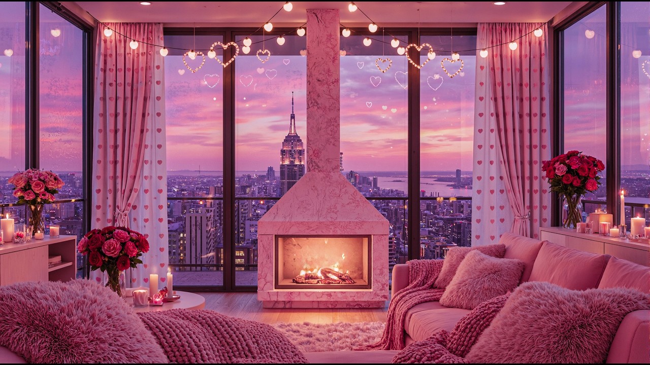🏙️ Pink Valentine’s Loft in the City ✨ Cozy Fireplace & Soft Piano Ambience 🌙