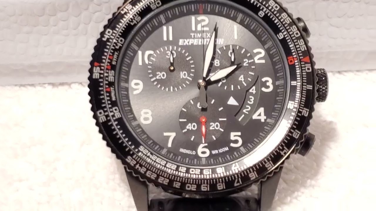 Timex Expedition Indiglo Date Chronograph Black Men's Quartz Watch Stainless Steel Leather Strap