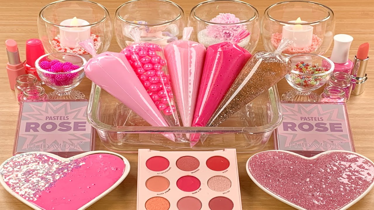 Making Pink SLIME w PIPING BAGS★Mixing Makeup Eyeshadow Glitter into SLIME★ASMR★Satisfying Video#086