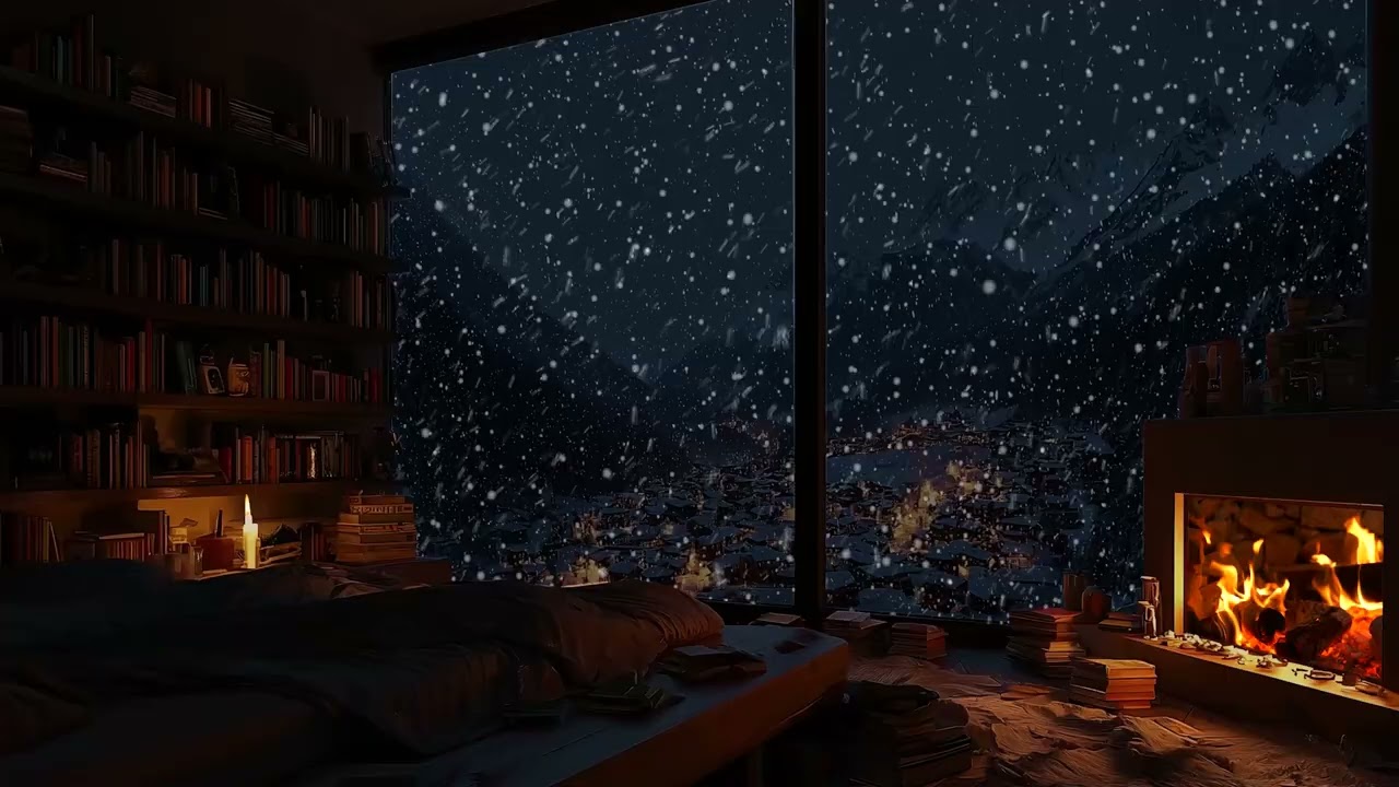 Snowy Night Cabin Ambience | Heavy Snowfall, Warm Lights & Fireplace Sounds for Deep Sleep