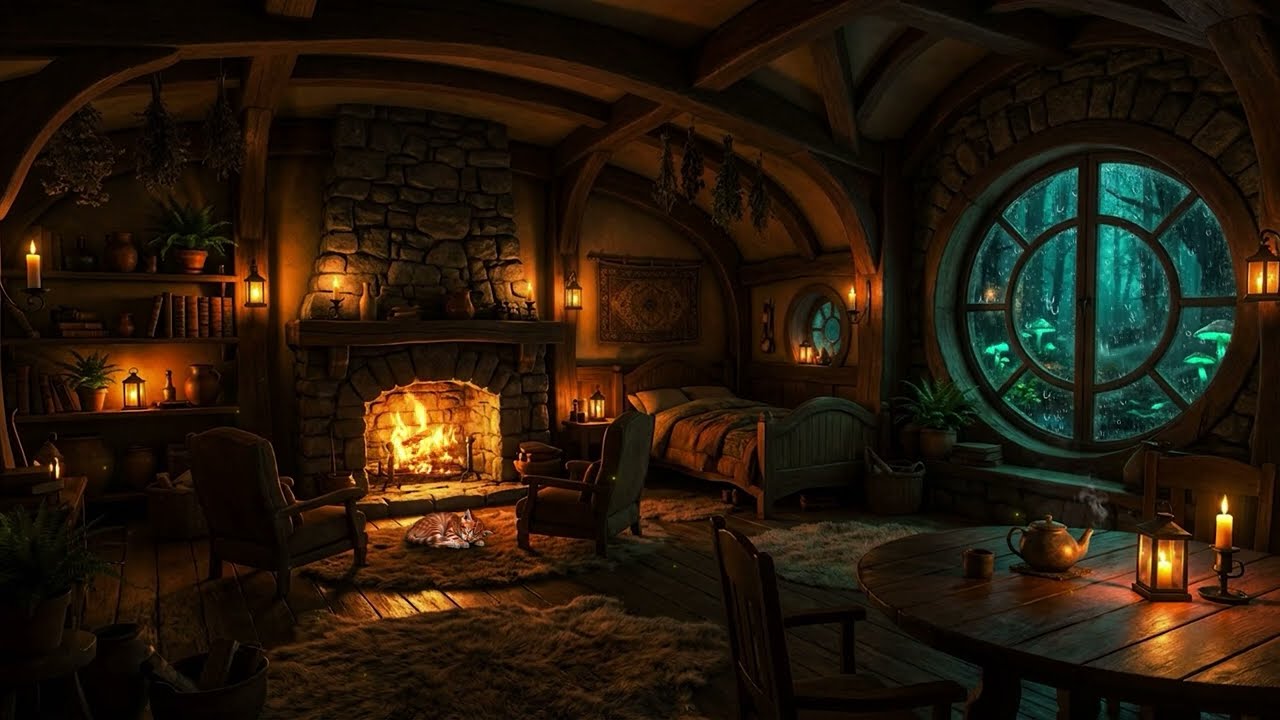 Cozy Hobbit Hole Ambience with Rain on Window and Crackling Fireplace Sounds for Deep Sleep