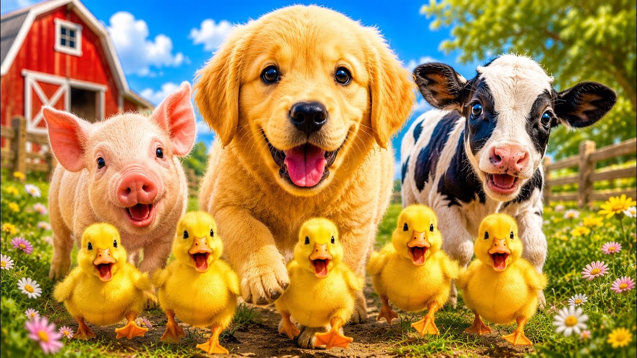 🦆🐴🐑 Farm Animal Sounds Adventure with Golden Puppy & Five Little Ducks