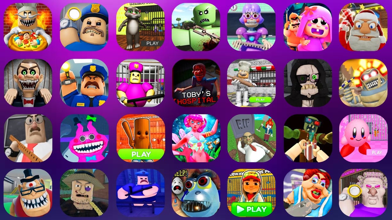 ROBLOX,Papa Pizza's Pizzeria,BARRY'S PRISON RUN,TALKING TOM'S BARRY'S,Zombie Island,Miss Ani-Tron's.