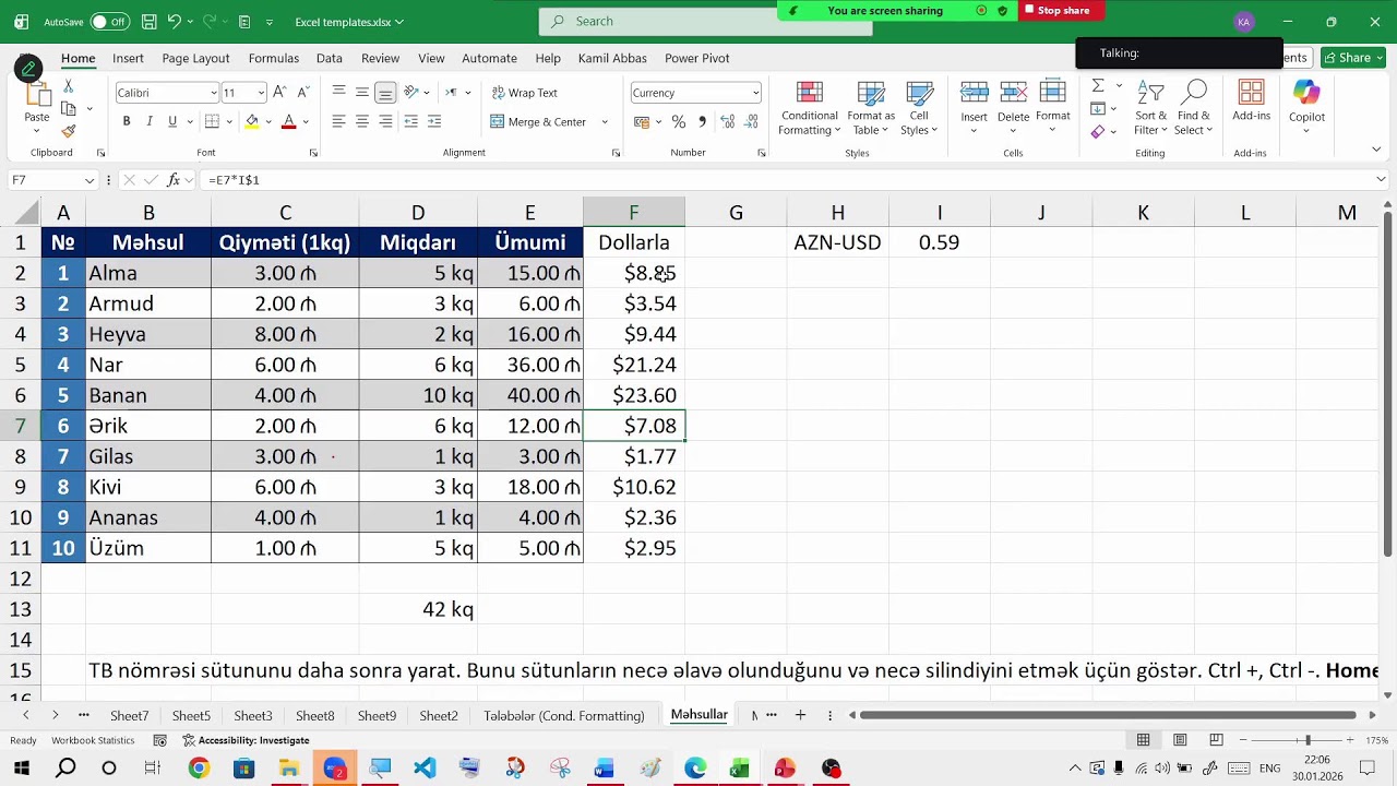 İnformatika dərsləri. MS Excel cədvəl prosessoru. Köçürmələr. SUM funksiyası. Diapazon