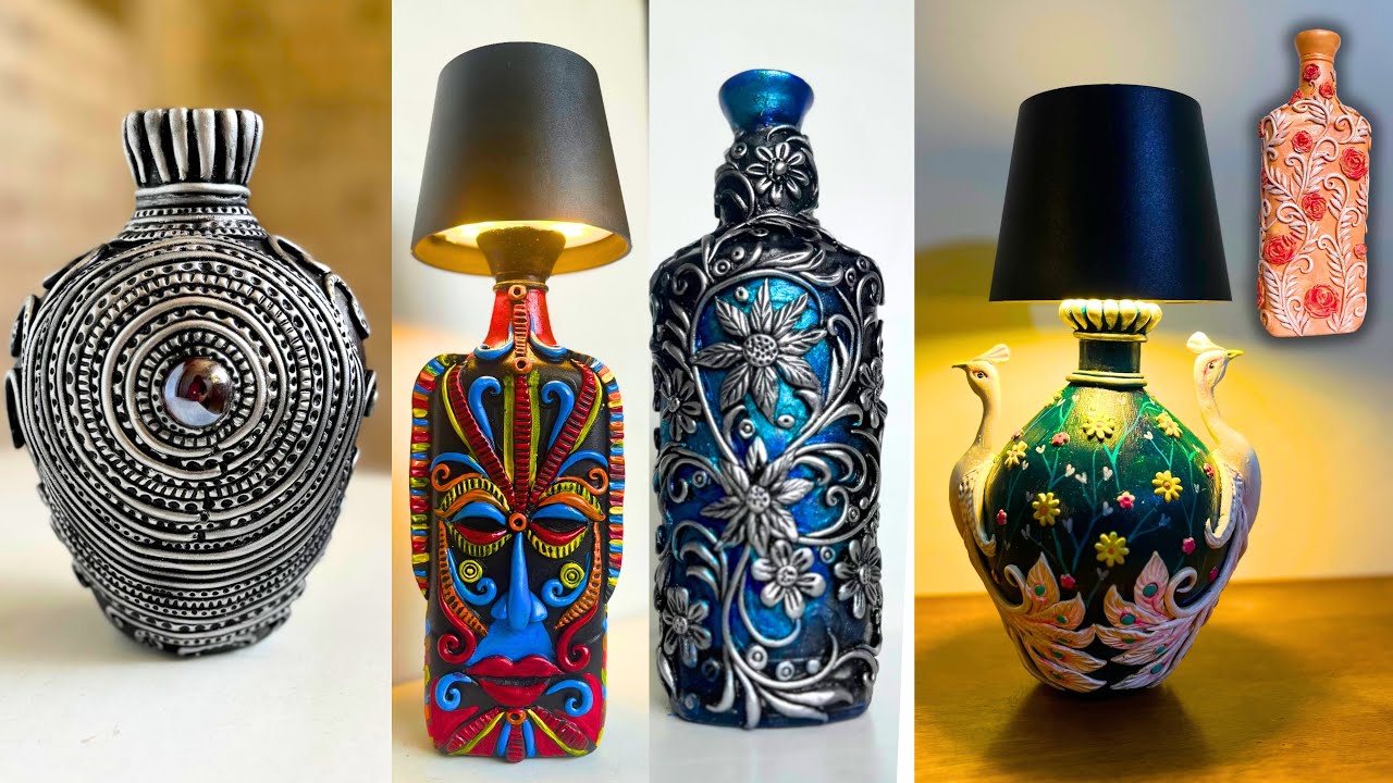 5 UNIQUE BOTTLE ART IDEAS | AMAZING WASTE GLASS BOTTLE TRANSFORMATION | EASY HOME DECOR DIY