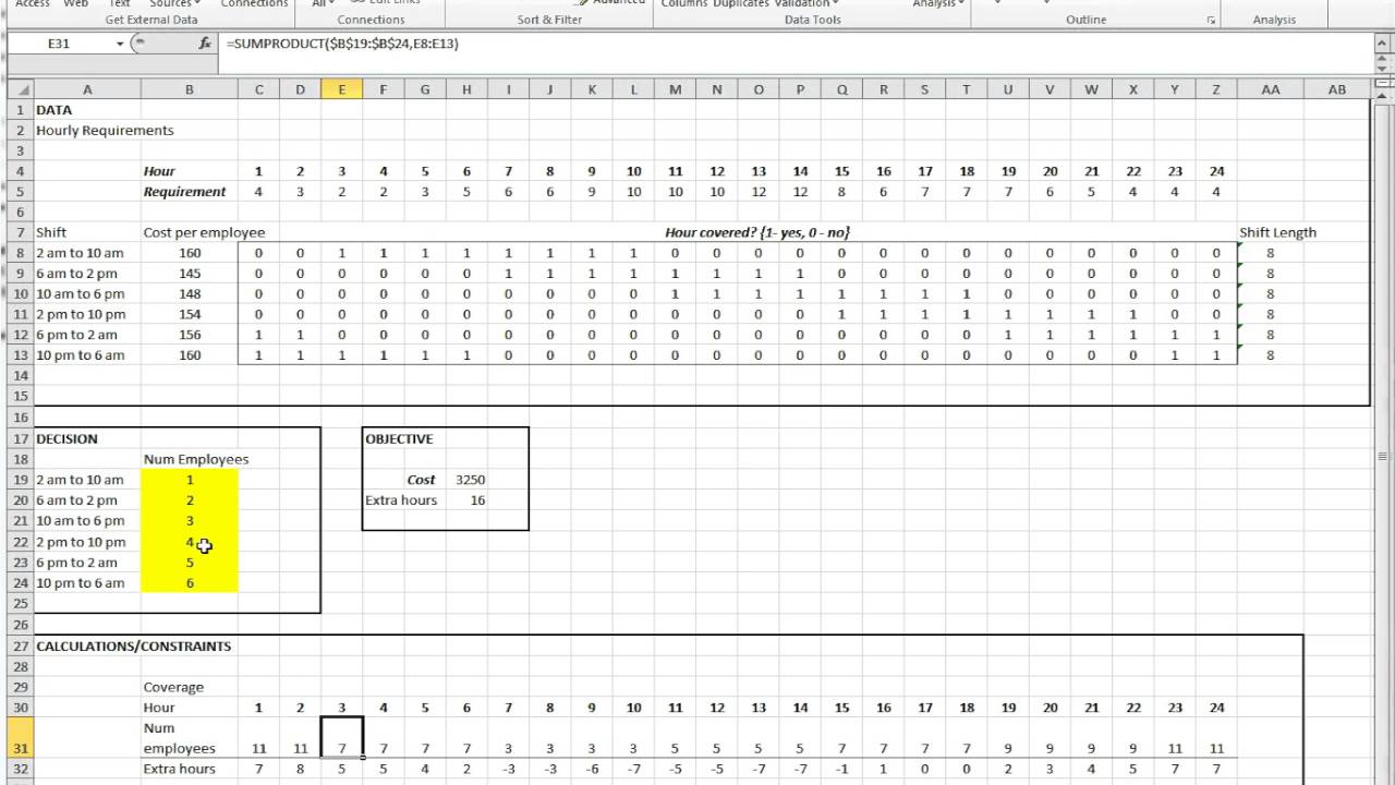 Excel Operations Management Tutorial 2: Scheduling shifts for 24-hour coverage
