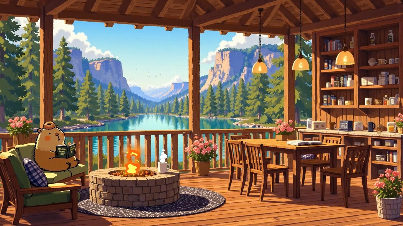 Peaceful Morning by the Lake ☕ Soothing Lofi & Crackling Fireplace 🌿 Lofi Deep Focus to work/relax