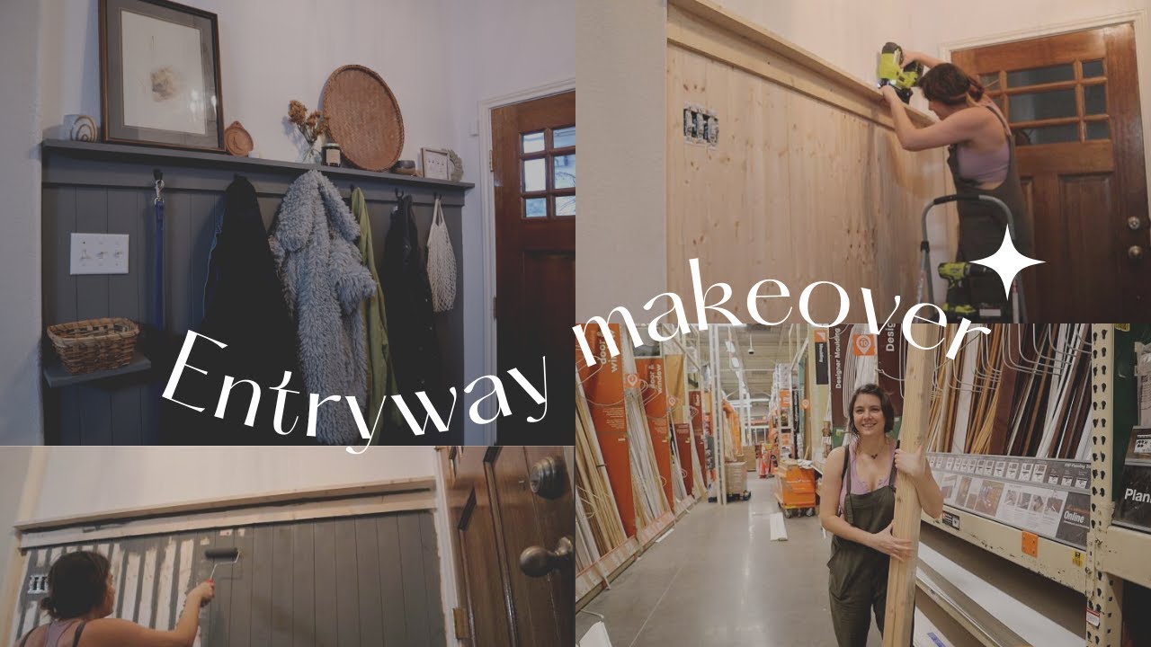 Entryway Makeover with Shiplap Wainscoting | Front Door Coat Rack Storage w/Shelf