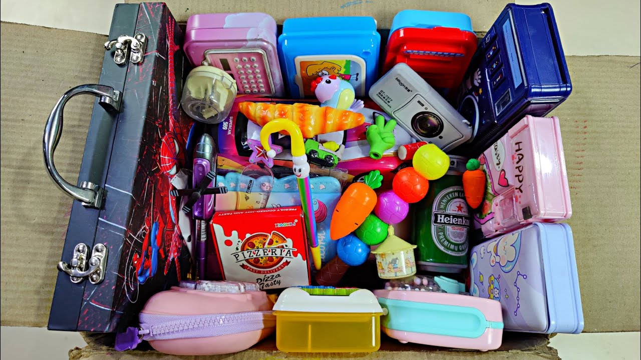 Elegant & useful stationery collection, colourful stationery items, pencil box, colour kit, pen, toy