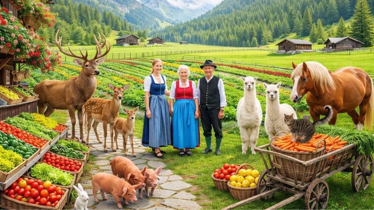 Harvesting cabbages, feeding animals - Life in the countryside garden - Fresh gardening