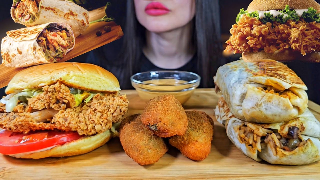 FAST FOOD | CRISPY CHICKEN BURGER + BURRITO | EATING ASMR MUKBANG