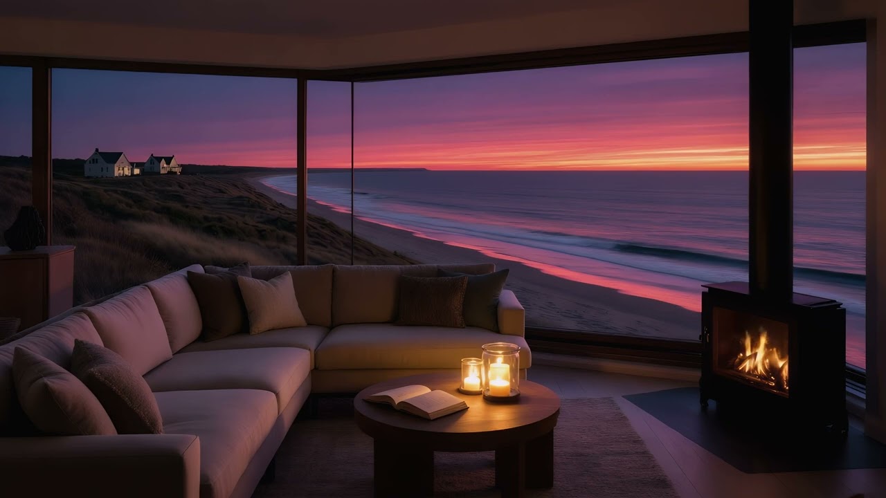 Sunset Beach Fireplace Ambience 🌅🔥 | Cozy Oceanfront Evening for Relaxation