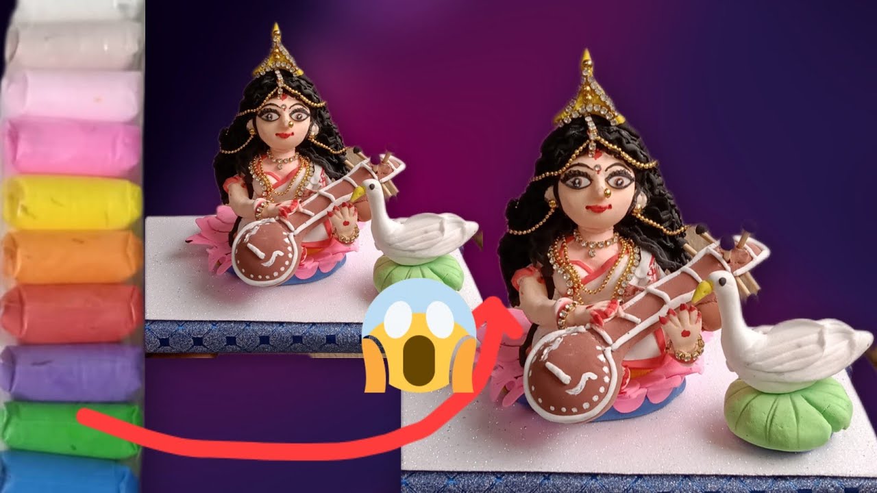 Ma Saraswati Murti Making 2026🪕 🤍🦢 सरस्वती पूजा 😍 #trending​ #shorts​ #saraswati​ #craft​ #clayart​