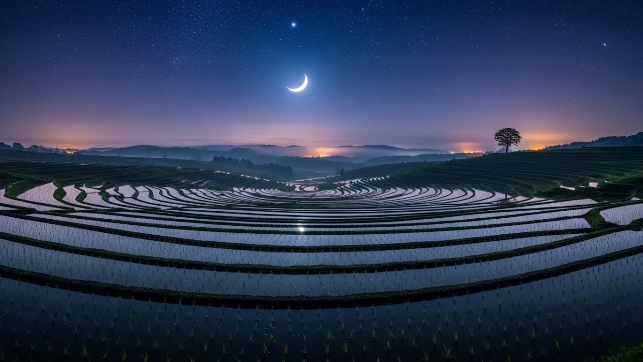 Peaceful Breeze Chill Lofi Ambience Floating Over Rice Terraces Under Relaxed Night Skies