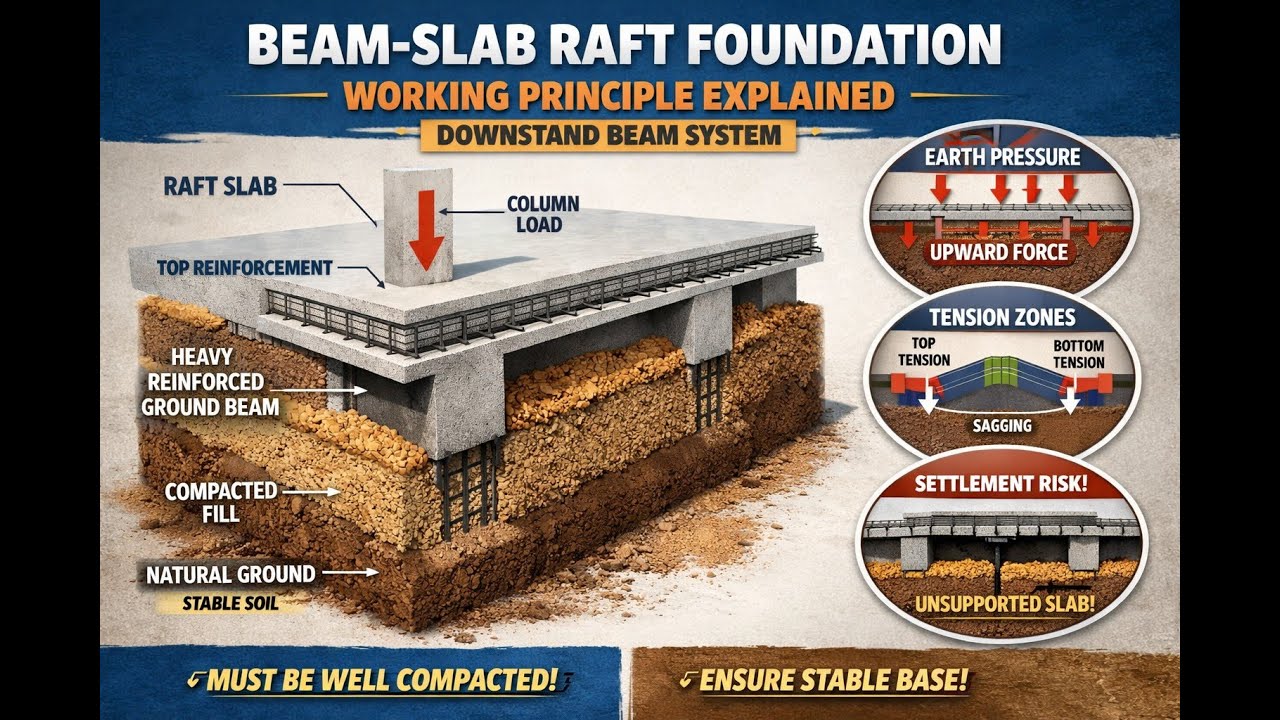 WORKING PRINCIPLE OF BEAM-SLAB RAFT FOUNDATION(UPSTAND AND DOWNSTAND)