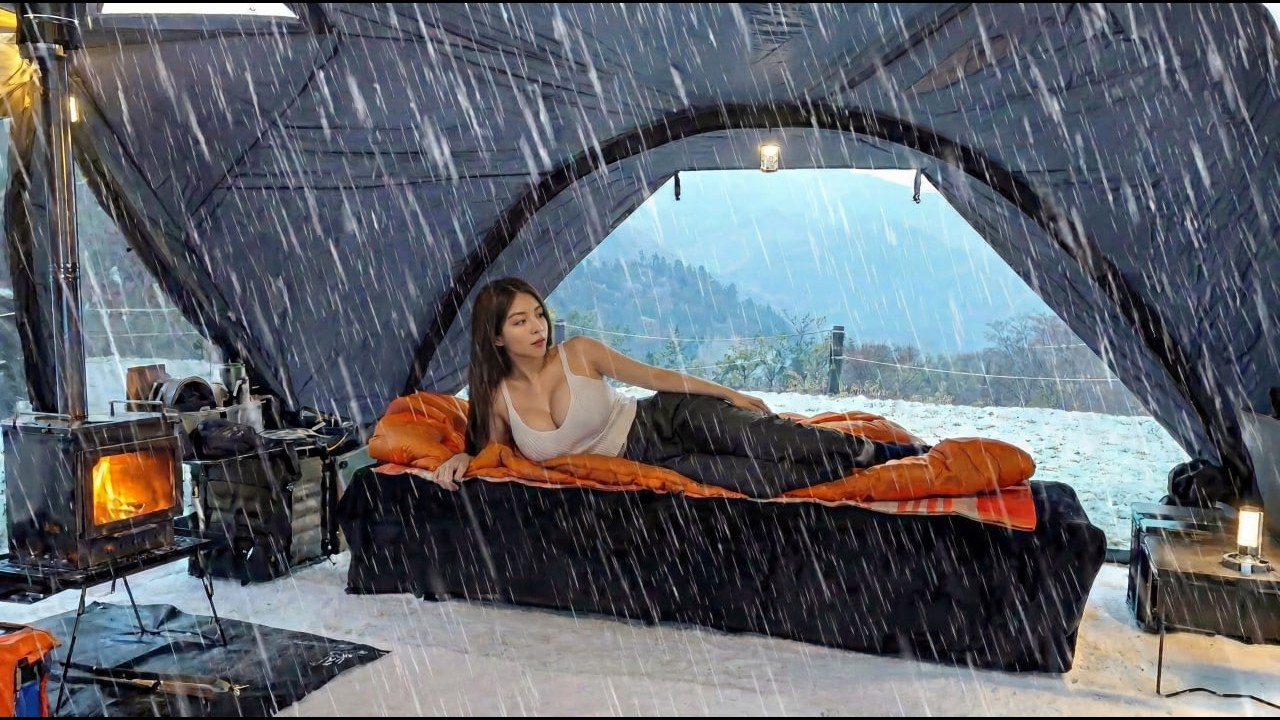 🚘Healing Solo Camping in the Rain | Wood Stove Cabin Tent & Camp Cooking ASMR