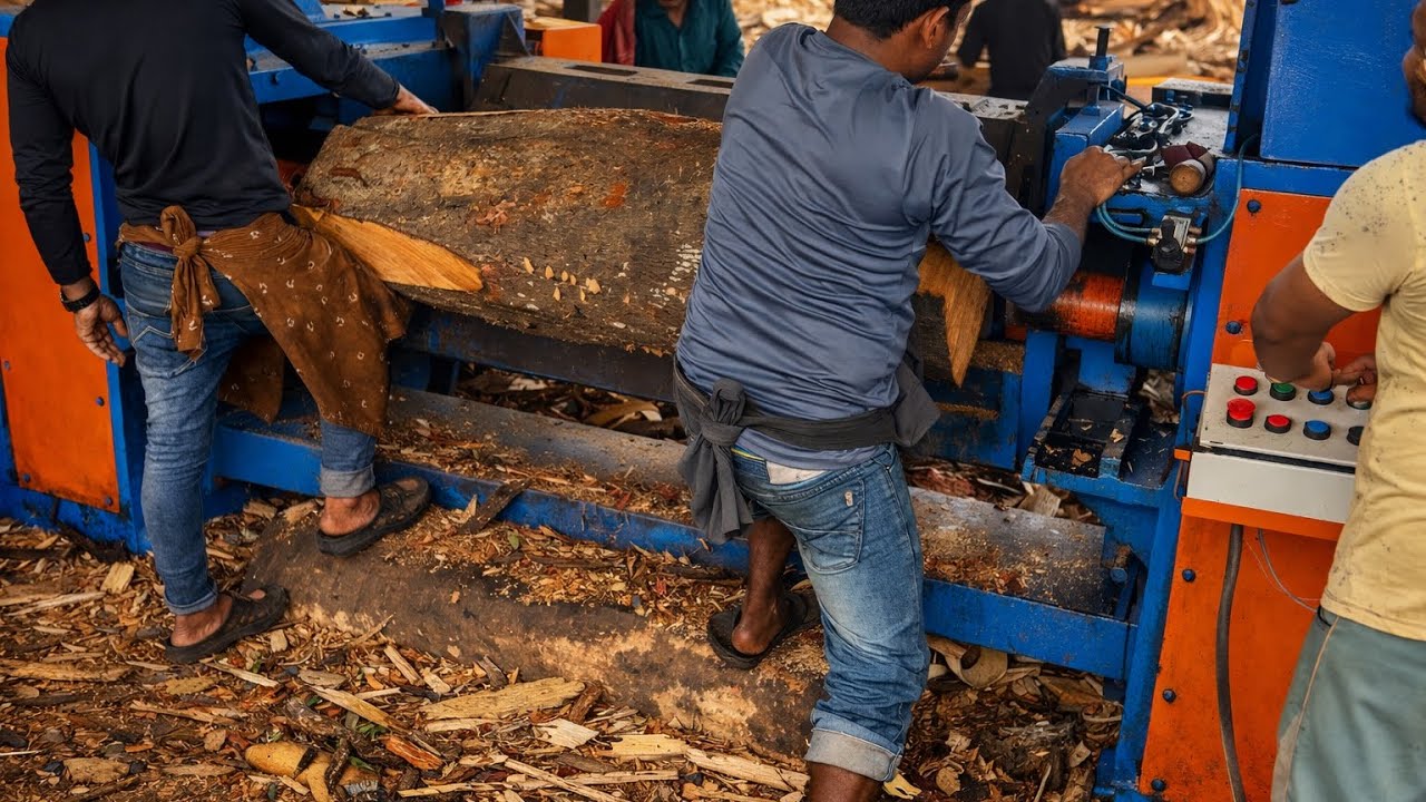 Skilled worker removing wood skin timber Debarking peeling #viral #woodworking #wood 