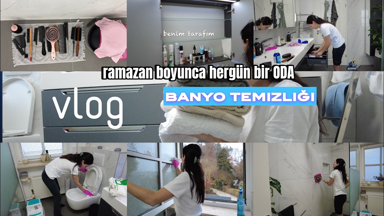 Banyo temizliği, bütün dolapları aşağı indirdim, her yer baştan düzenlendi, camlar silindi, düzen